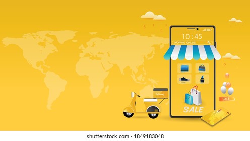 El teléfono móvil representa la parte delantera de la tienda.Comprar en línea en el sitio web o en el marketing por concepto de aplicación móvil y marketing digital.