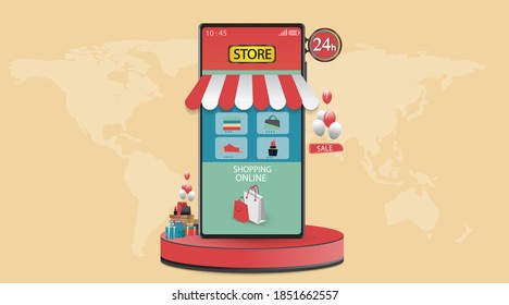 Mobile phone represent of front of shop store.Shopping Online on Website or Mobile Application Concept Marketing and Digital marketing.