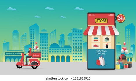 Mobile phone represent of front of shop store.Shopping Online on Website or Mobile Application Concept Marketing and Digital marketing.
