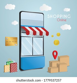 El teléfono móvil representa la parte delantera de la tienda. Comprar en línea en sitios web o aplicación móvil concepto marketing y marketing digital, varias tiendas, descuentos. Ilustración del vector