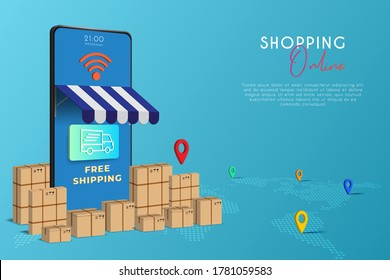 The mobile phone represents the front of the shop store. Shopping online on website or mobile application concept marketing and digital marketing, various shops, discounts. Vector illustration
