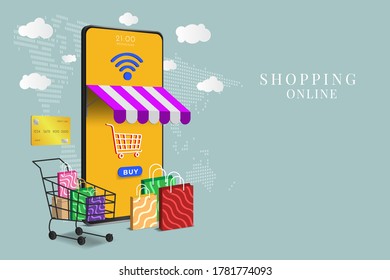 El teléfono móvil representa la parte delantera de la tienda. Comprar en línea en sitios web o aplicación móvil concepto marketing y marketing digital, varias tiendas, descuentos. Ilustración del vector
