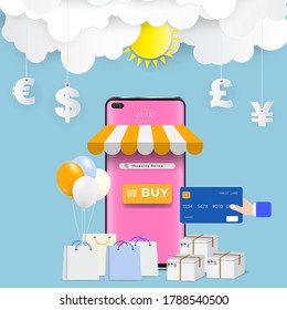 The mobile phone represents the front of the shop store with balloon. Shopping online on website or mobile application concept marketing and digital marketing, various shops. Vector illustration
