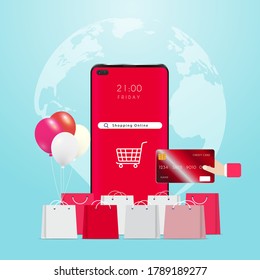 The mobile phone represents the front of the shop store with balloon. Shopping online on website or mobile application concept marketing and digital marketing, various shops. Vector illustration
