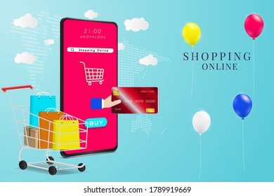 The mobile phone represents the front of the shop store with balloon. Shopping online on website or mobile application concept marketing and digital marketing, various shops. Vector illustration