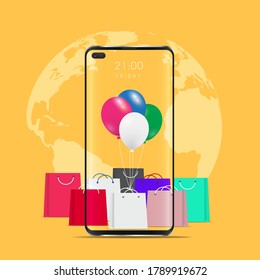 The mobile phone represents the front of the shop store with balloon. Shopping online on website or mobile application concept marketing and digital marketing, various shops. Vector illustration
