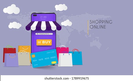 Das Handy stellt die Vorderseite des Ladengeschäfts dar. Shopping online auf der Website oder mobile Application Konzept Marketing und digitales Marketing, verschiedene Geschäfte, Rabatte. Vektorgrafik
