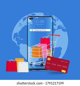 The mobile phone represents the front of the shop store. Shopping online on website or mobile application concept marketing and digital marketing, various shops, discounts. Vector illustration
