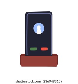 Mobile phone ringing, accept and decline buttons on screen. Smartphone in holder with red, green symbols for receiving, rejecting incoming call. Flat vector illustration isolated on white background