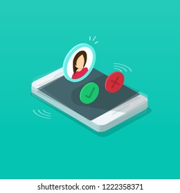 Mobile phone ringing vector illustration, isometric cartoon cellphone call or vibrate with contact info on display, smartphone ring isolated