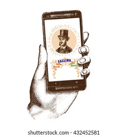 Mobile phone ringing vector illustration with signal, calling with touchscreen display elements. Hand drawn engraving style pen crosshatch hatching paper vintage illustration of smartphone