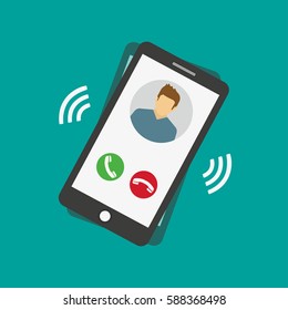 Mobile phone ringing vector illustration with signal waves and vibration, phone calling with touchscreen display elements, phone call modern trendy design isolated on green