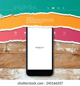 Mobile phone and ripped paper texture on vintage wooden background. Vector infographic background for template design.