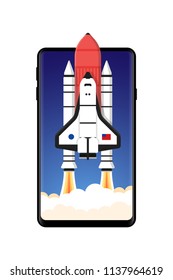 Mobile Phone Rocket Launch Dark Sky Space Ship Taking Off Illustration Background Wallpaper Vector