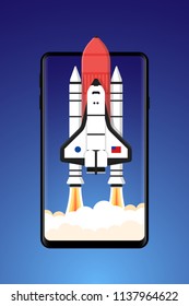 Mobile Phone Rocket Launch Dark Sky Space Ship Taking Off Illustration Background Wallpaper Vector