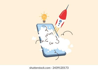 Mobile phone with rocket launch, metaphor for new startup with application for smartphone users. Successful launch of business project using modern technologies and mobile gadgets.