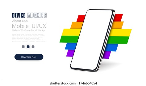 Mobile phone in the rotated position on the background of an abstraction of different colors. LGBTQ. Mock-up new smartphone. Rainbow flag movement lgbt 3d. Vector illustration of a colorful canvas