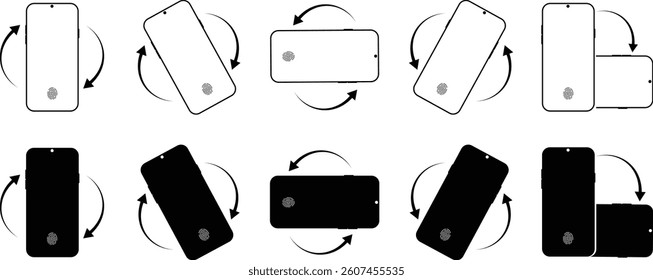 Mobile phone rotation display icon set. Device rotation symbol isolated on transparent background. Turn your device. Horizontal smartphone tilt sign. Turning arrow pictogram. Vector illustration.