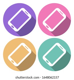 Mobile phone round icon with long shadow. Flat design style. Smart phone simple silhouette. Modern circle icon in stylish colors. Web site page and mobile app design vector element.