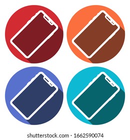 Mobile phone round icon with long shadow. Flat design style. Smart phone simple silhouette. Modern circle icon in stylish colors. Web site page and mobile app design vector element.