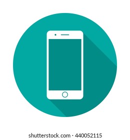 Mobile phone round icon with long shadow. Flat design style. Smart phone simple silhouette. Modern circle icon in stylish colors. Web site page and mobile app design vector element.