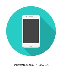 Mobile phone round icon with long shadow. Flat design style. Smart phone simple silhouette. Modern circle icon in stylish colors. Web site page and mobile app design vector element.