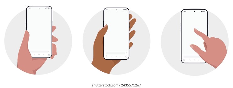 Mobile phone in round oval frame collection - Set of phones in hand with blank empty screen inside grey circle. Flat design vector elements with white background