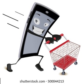 Mobile phone runs with empty shopping cart. Isolated on white vector cartoon illustration