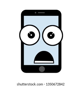 Mobile phone with sad face on screen. Broken smartphone. problem with technique. Cartoon flat illustration. Shocked and surprised, eyes and mouth. Emotions on the monitor.