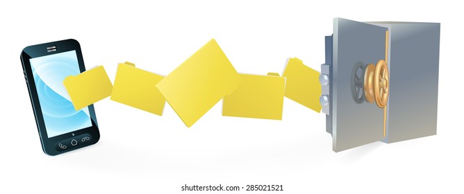 Mobile phone safe secure transfer backup concept of files moving from phone to safe. 