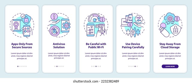 Sicherheitshinweise für Mobiltelefone auf dem mobilen App-Bildschirm. Vermeiden Sie das Durchlaufen von 5 Schritten bearbeitbare grafische Anleitungen mit linearen Konzepten. UI, UX, GUI-Vorlage. Myriad Pro-kühne, Standardschriftarten verwendet