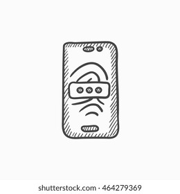 Icono de esbozo vectorial de huella digital de exploración de teléfonos móviles aislado en segundo plano. Icono de huella digital de exploración de teléfonos móviles dibujado a mano. Icono de esbozo de huellas digitales de escaneo de teléfonos para infografía, sitio web o aplicación.