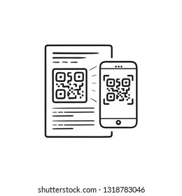 Mobile phone scanning QR code hand drawn outline doodle icon. Digital technology, QR code reader app concept. Vector sketch illustration for print, web, mobile and infographics on white background.