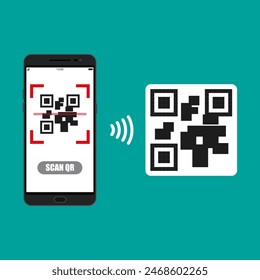 Mobile phone scanning QR code from document. Electronic scan, digital technology, barcode. Vector illustration in flat design