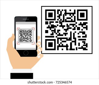 Mobile phone scanning QR code from document. Electronic scan, digital technology, barcode. Vector illustration in flat design