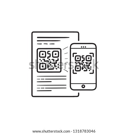 Mobile phone scanning QR code hand drawn outline doodle icon. Digital technology, QR code reader app concept. Vector sketch illustration for print, web, mobile and infographics on white background.