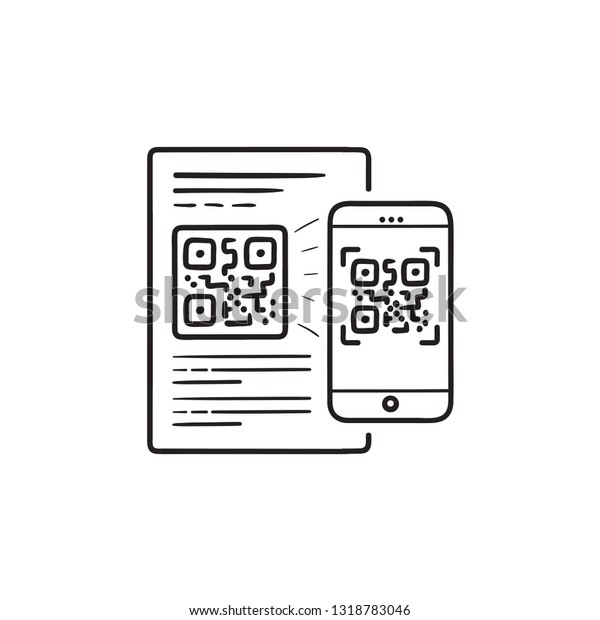 携帯電話のスキャンqrコード手描きのアウトライン落書きアイコン デジタル技術 Qrコード リーダーアプリのコンセプト 白い背景に印刷 ウェブ モバイル およびインフォグラフィック用のベクタースケッチイラスト のベクター画像素材 ロイヤリティフリー