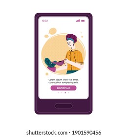 Mobile phone screen with avatar of woman, flat cartoon vector illustration isolated on white background. Online application interface or customers page design.