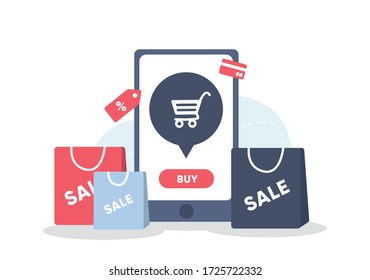 Mobile phone screen with buy button and cart surrounded with shopping bags. Sale announcment. Flat vector illustration.