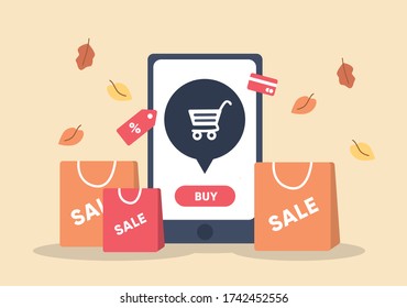 Mobile phone screen with buy button and cart surrounded with shopping bags. Autumn sale announcment. Leaves falling. Flat vector illustration.