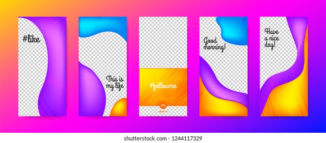 Mobile Phone Screen Concept. Stories Templates Set. Vector Colorful Flyers for Photo Presentation on Your Mobile. Abstract Fluid Shapes with Gradient. Fashion Frame for Social Media Branding on Phone.