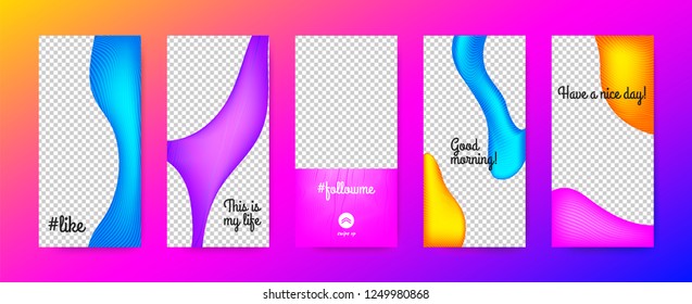 Mobile Phone Screen Concept. Stories Templates Set. Vector Colorful Flyers for Photo Presentation on Your Mobile. Abstract Fluid Shapes with Gradient. Fashion Frame for Social Media Branding on Phone.