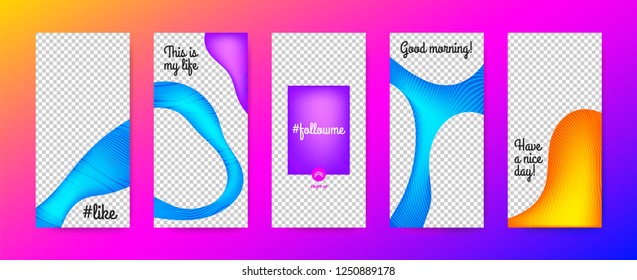 Mobile Phone Screen Concept. Stories Templates Set. Vector Colorful Flyers for Photo Presentation on Your Mobile. Abstract Fluid Shapes with Gradient. Fashion Frame for Social Media Branding on Phone.