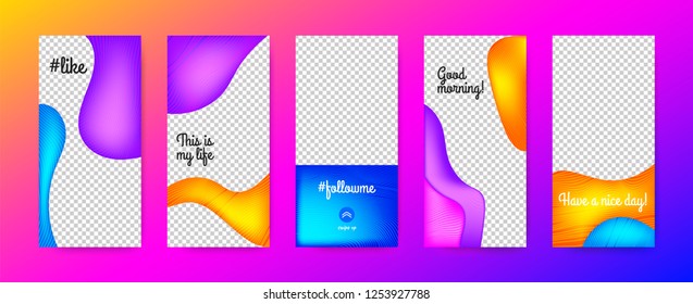 Mobile Phone Screen Concept. Stories Templates Set. Vector Colorful Flyers for Photo Presentation on Your Mobile. Abstract Fluid Shapes with Gradient. Fashion Frame for Social Media Branding on Phone.