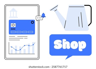 Mobile phone screen displaying banking dashboard with credit card, settings, message icon, and growth chart. Next to it are a watering can and a shop sign. Ideal for finance, e-commerce, banking