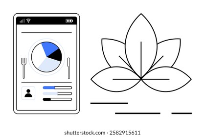 Mobile phone screen displaying a nutritional data pie chart and user profile information next to a simple leaf icon. Ideal for health apps, diet tracking, fitness, self-care, wellness, digital health