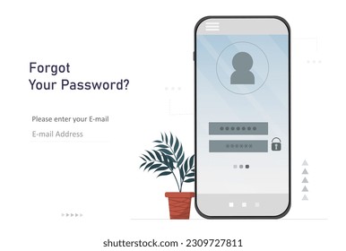 Mobile phone screen with entering to personal account, landing page with login and password, trying to find password to the personal account in social media, entering password at the mobile app