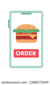 Mobile phone screen with fast food delivery app semi flat colour vector object. Burger order. Editable cartoon style icon on white. Simple spot illustration for web graphic design. Jost Bold font used