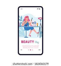 Mobile phone screen with a female beauty vlogger doing a cosmetics review. Online video tutorials on makeup and skin care. Creating content for Internet. Vector flat illustration.