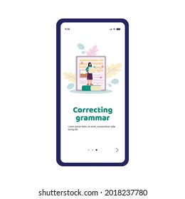Mobile phone screen with female grammar editor holding paper with edit grammatical mistakes and punctuation errors. Concept online education and copywriting. Vector illustration.